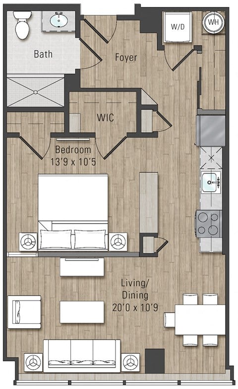 Floor plan for 1 bed, 1 bath, 700 sqft
